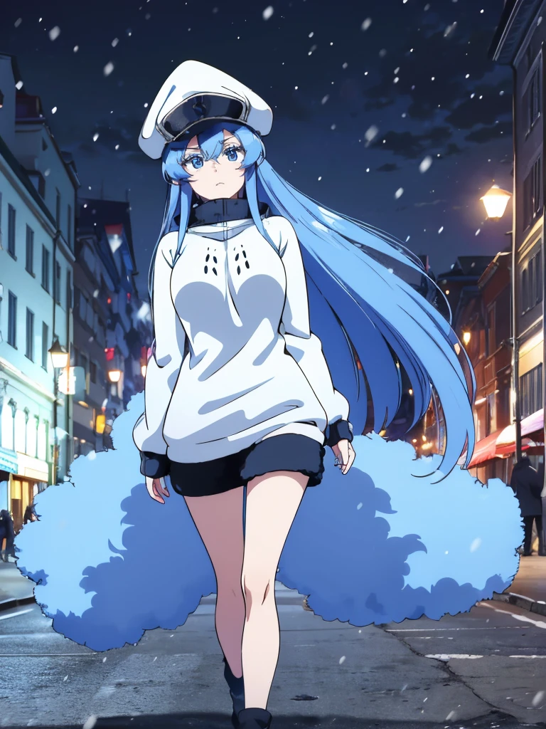 (artwork, best quality) a girl with long blue hair, blue eyes, blue eyelashes, big breasts, white sweatshirt with a fuzzy hat, walking, upset, on a street in Russia, snowing heavily, at night