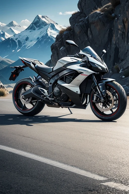 image of a futuristic motorcycle parked on a concrete surface. The motorcycle has a sleek, aerodynamic design, with sharp lines and smooth curves. The body of the motorcycle is made of a shiny metallic material and has a variety of electronic components and LED panels.
The motorcycle has two large wheels and smooth tires. The front wheel is covered by an aerodynamic fairing, while the rear wheel is exposed. The motorcycle also has high handlebars and a low, sporty seat.
In the background of the image, we can see a chain of mountains covered in snow. The mountains are tall and imposing and add a touch of drama to the scene.
The motorcycle has a triple LED headlight at the front.
The motorcycle has an integrated rear fender.
The motorcycle has a dual exhaust system.
The motorcycle has a side stand.
The futuristic motorcycle that was designed to be fast, agile and efficient. The motorcycle's sleek design and use of electronic components suggest it is a high-tech machine. The mountains in the background of the image suggest that the motorcycle is capable of being used on a variety of terrains.
The image does not show any people.
The image does not show any other vehicles.