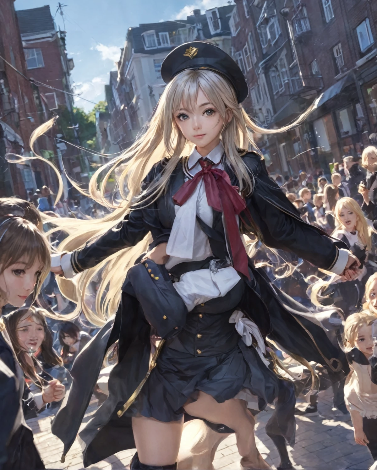 BREAK Perfect Anatomy、(High resolution:1.2)、Incredible illustrations、(Cute illustrations:1.2)
(Beautiful background,(nature,crowd))(,yuri,dutch angle) 
2gial((blonde hair,shiny hair,hair intakes:1.8,long hair)(doyagao)(a girl,, 1.4meters, 35kg),17-year-old,flat chest))(Black coat,Combat Uniform,,garter straps,Eye patch),
        ((gradient grey hair,shiny hair,hair intakes:1.8,Dark Skin:1.6)(doyagao)(a girl,height 1.7meters, 40kg),,17-year-old))
 (Black coat,ゴシック風Combat Uniform,,garter straps,eyepatch:1.8) )
 Cosplayer surrounded by people
