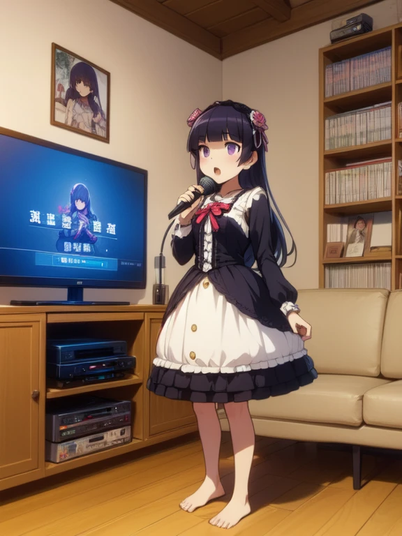 (ruri gokou), (Ultra-high resolution), (masterpiece), (Attention to detail), (high quality), (最high quality) , 1 Girl, alone, Hime cut, Gothic Lolita, Lolita Fashion, head band,, ((karaoke machine wired)), (2girl), singing, holding a mic, subtitle on TV, manga bookcase, sofa, carpet, posters, curtain, wooden floor, barefoot,