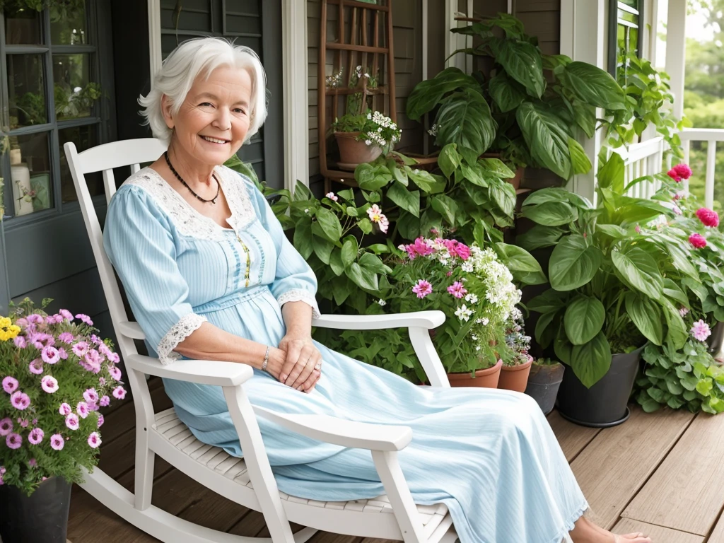 A little grandmother with white hair and a warm smile sits in a rocking chair on her porch, surrounded by flowers and plants.