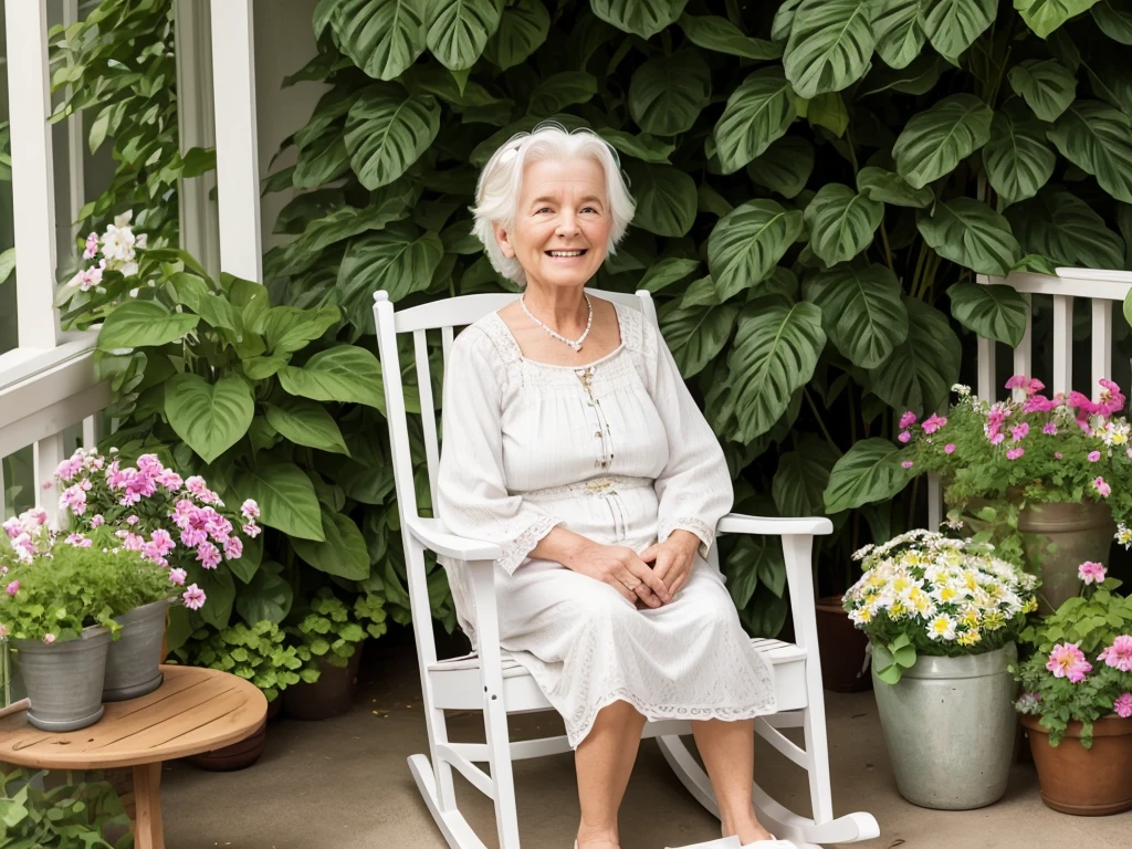 A little grandmother with white hair and a warm smile sits in a rocking chair on her porch, surrounded by flowers and plants.