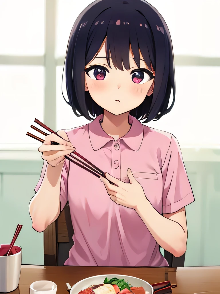 Highest quality, High resolution, 1 Girl, bento cute pink polo shirt short hair, Black Hair, Round chair, Sitting, Focus on chest Man holding chopsticks ejaculating into bento