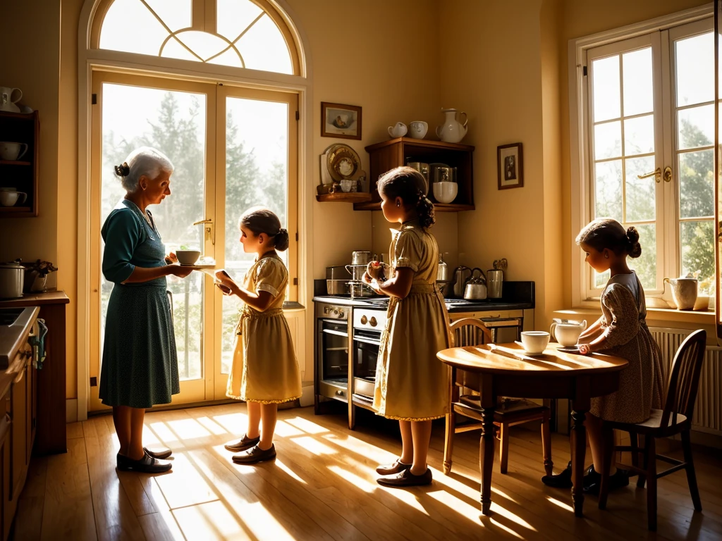 Grandma Catarina serving tea and cookies to children in her cozy kitchen, with golden light coming in through the window.