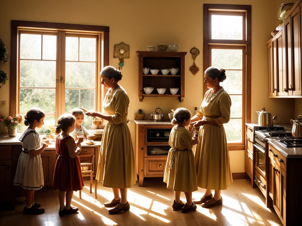 Grandma Catarina serving tea and cookies to children in her cozy kitchen, with golden light coming in through the window.