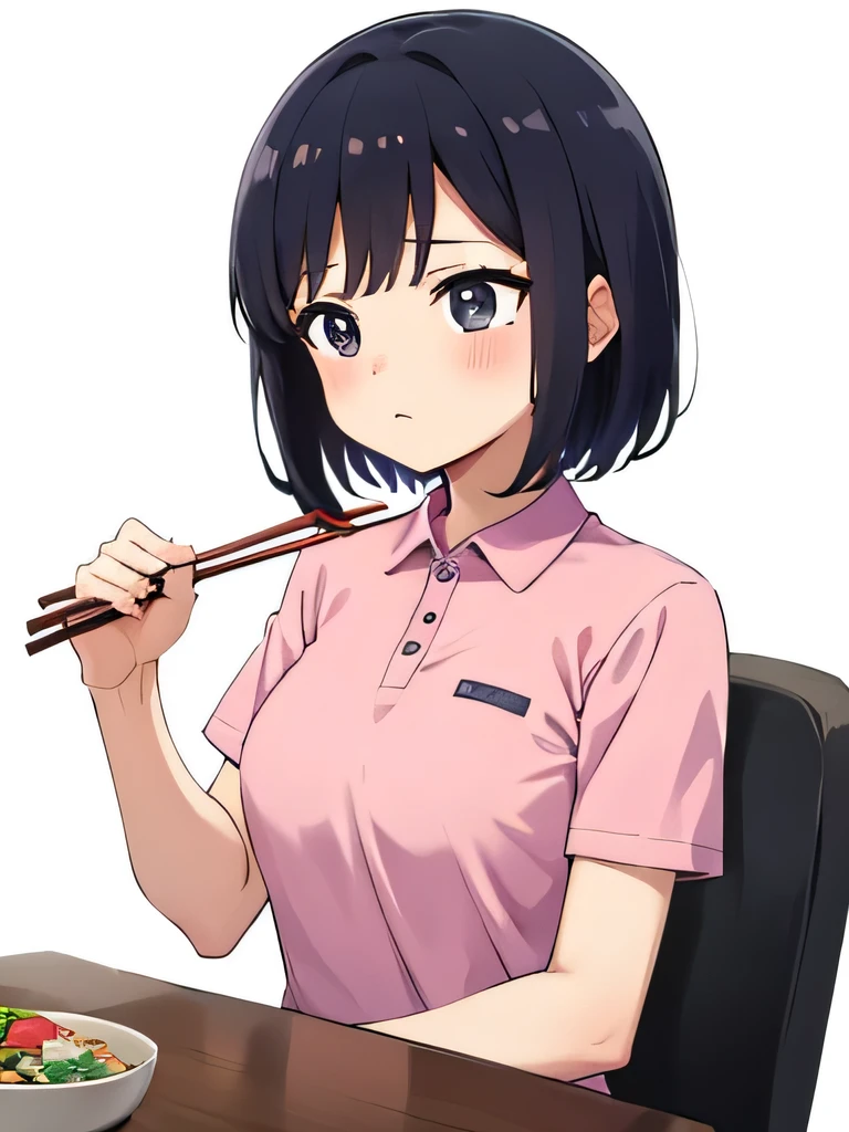 Highest quality, High resolution, 1 Girl, bento cute pink polo shirt short hair, Black Hair, Round chair, Sitting, Focus on chest Man holding chopsticks ejaculating into bento
