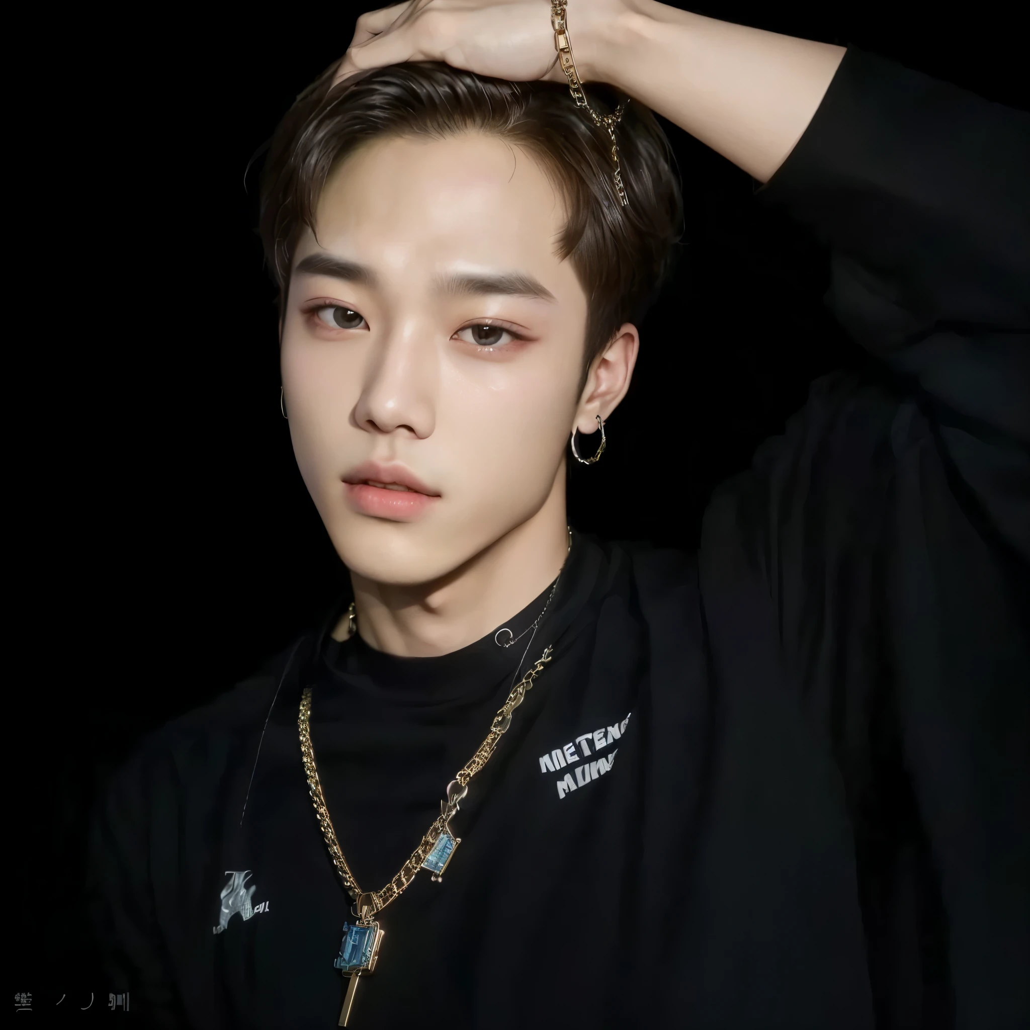 wired man with a chain around his neck and a black shirt, park Jimin, Jimin\the Greek nose, Jimin\the right eyelid is swollen, accurate Jimin face, Jimin, Jimin\the full lips, Tae June Kim, hyung tae, jossi do blackpink, portrait of jossi do blackpink, yanjun chengt, Hong Jun Hyung