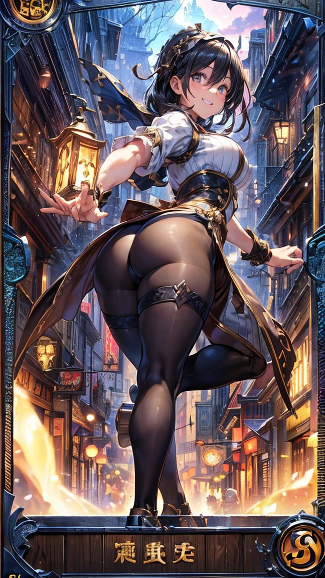 (1 merchant,Full Body Tights,Age 35Pub,guild)),(smile),Dynamic pose,Dynamic Angle,Pose for a photo,From below,Elderly woman、Trading Card Game Frames、Highest Rare、Five Fingers、Signature mark、Recovery Officer、Big Butt、Black