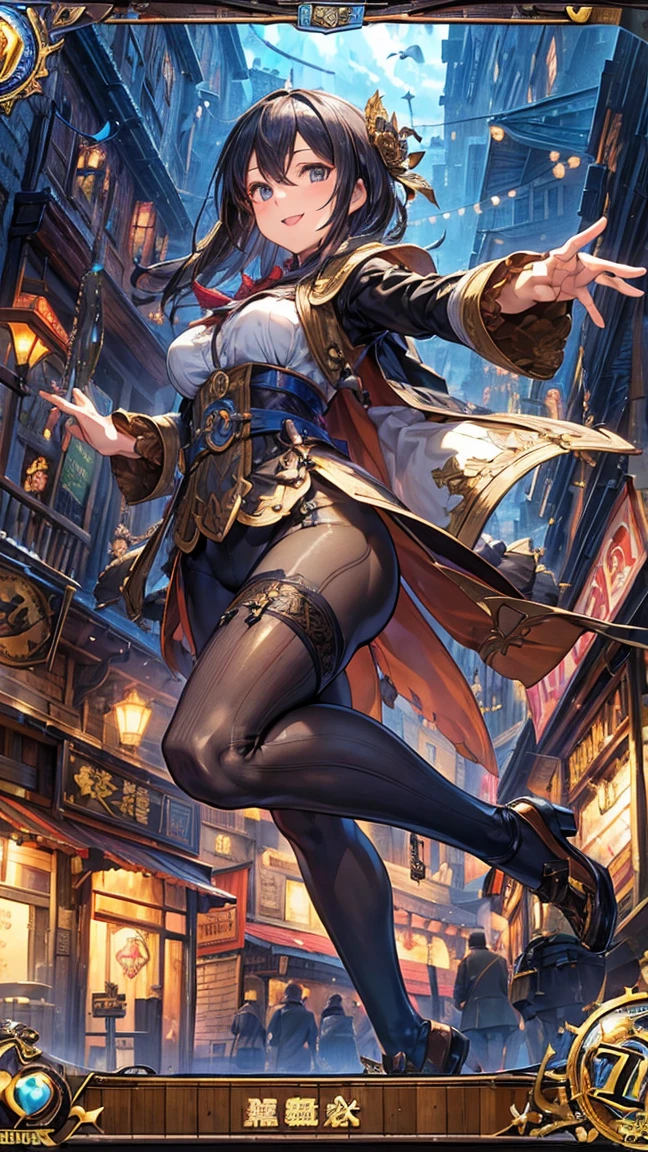 (1 mature merchant,Full Body Tights,Age 35), ((Pub,guild)),(smile),Dynamic pose,Dynamic Angle,Pose for a photo,From below,Elderly woman、Trading Card Game Frames、Highest Rare、Five Fingers、Signature mark、Recovery Officer、Big Butt、Black Hair