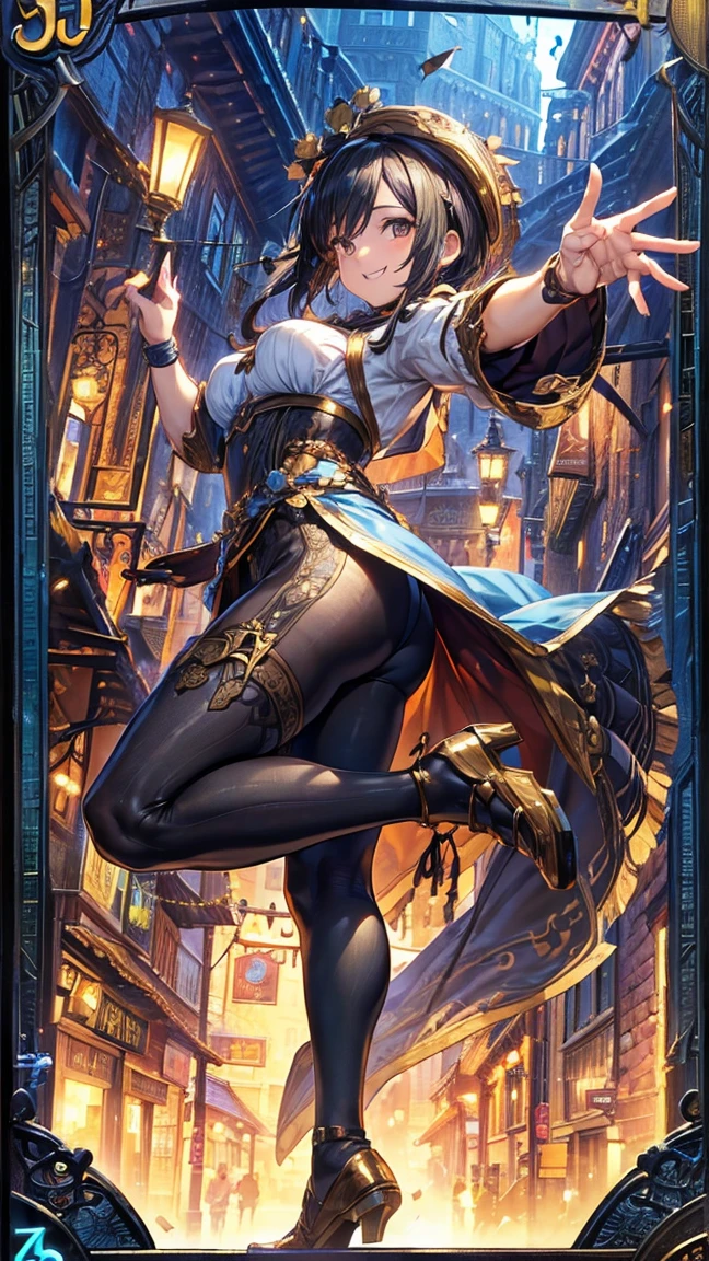 (1 mature merchant,Full Body Tights,Age 35), ((Pub,guild)),(smile),Dynamic pose,Dynamic Angle,Pose for a photo,From below,Elderly woman、Trading Card Game Frames、Highest Rare、Five Fingers、Signature mark、Recovery Officer、Big Butt、Black Hair