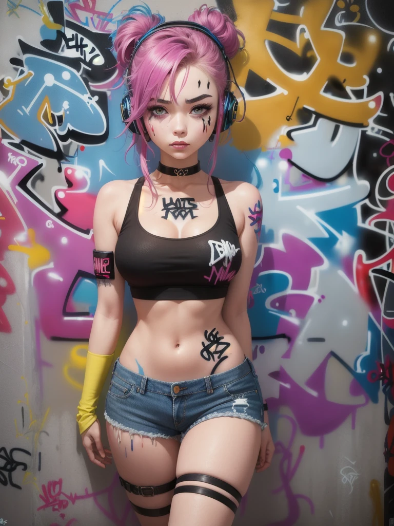 Masterpiece, best quality, 1 girl, alone, crop top, Denim shorts, choker, (graffiti:1.5), splash of color, arms behind back, against the wall, look at viewer, armband, thigh strap, paint on body, tilt your head, bored, colorful hair, tear, headset,