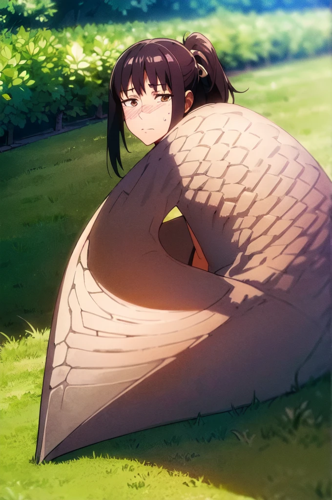(extremely detailed CG unity 8k wallpaper),(masterpiece),(best quality),(ultra-detailed),(best illustration),(best shadow),1girl, solo, brown eyes, looking at viewer, long hair, sweatdrop, closed mouth, ponytail, black hair, bangs, outdoors, sidelocks, black background