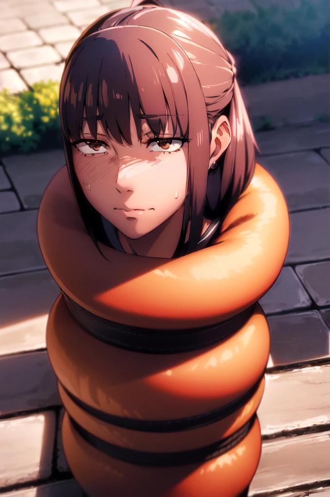 (extremely detailed CG unity 8k wallpaper),(masterpiece),(best quality),(ultra-detailed),(best illustration),(best shadow),1girl, solo, brown eyes, looking at viewer, long hair, sweatdrop, closed mouth, ponytail, black hair, bangs, outdoors, sidelocks, black background