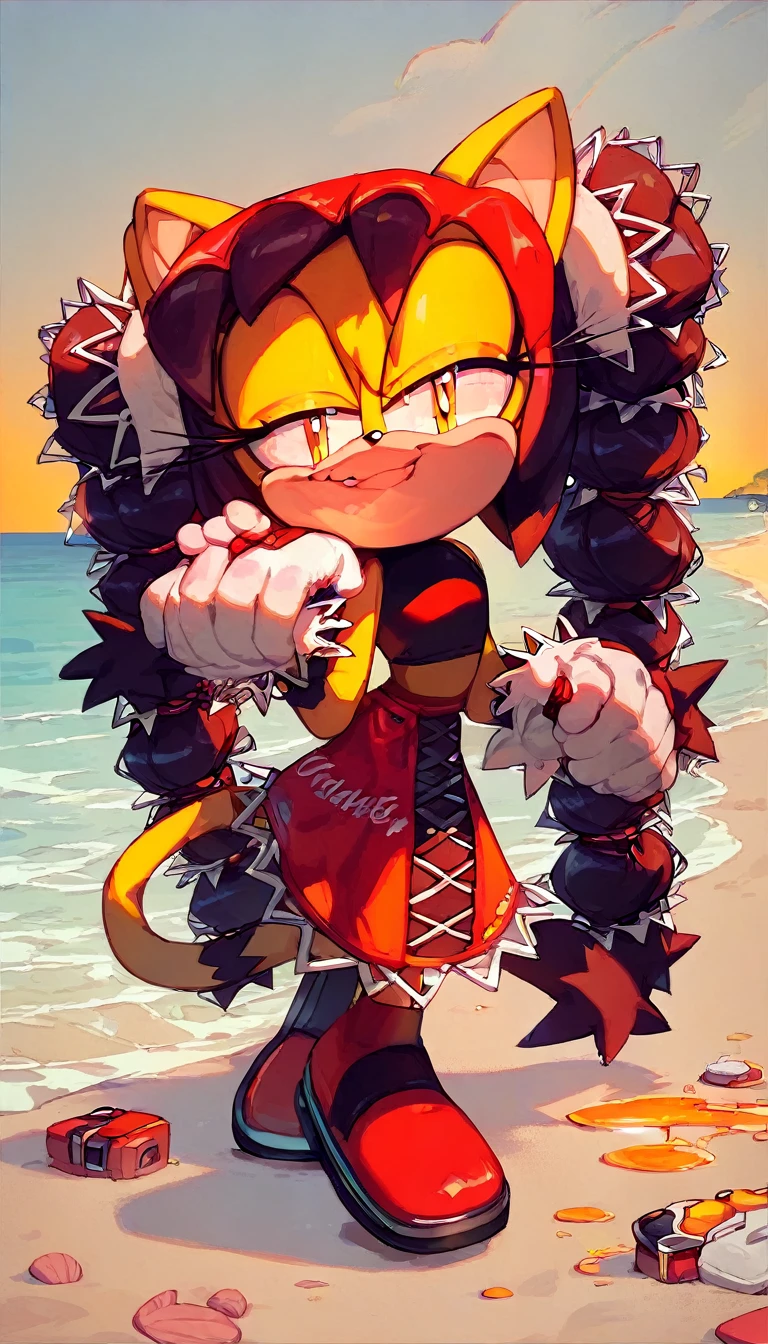 score_9, score_8_up, 2D, beach, sunset, looking at viewer, 1girl, very detailed, extremely detailed, honey the cat from the sonic the hedgehog series, full body, (red bikini), frilly hair ties, half-closed eyes, smug smile
