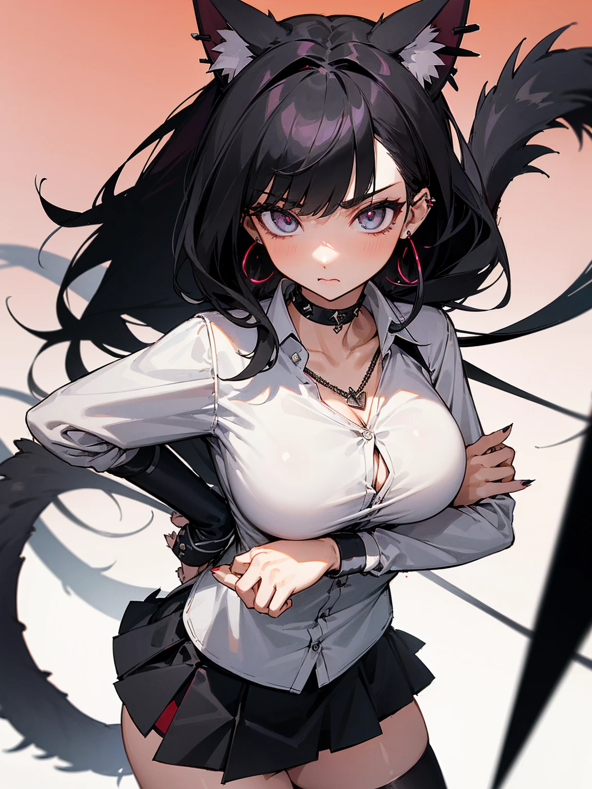 ((Long Straight Black hair)), Perfect face, Choker, Punk earrings, ((Tall)), ((High Quality)), Necklace, ((Mature)), Pretty Eyes, Sharp Nails, Bangs, ((1 Girl)), ((Multiple Earrings)), 1 girl, Spiky Earrings, Adult, Spiked Collar, Thin Eyelashes, Plain Background, Red Colors in Background, Cat Girl, Long Tail, Large Tail, Massive Tail, Black Tail, ((Black Goth Mini Skirt)), ((White Shirt)), Close Up, Very Short Mini Skirt, Tall, Long Legs, Sexy Thigh Highs, ((Very Disgusted)), Dynamic Pose,
