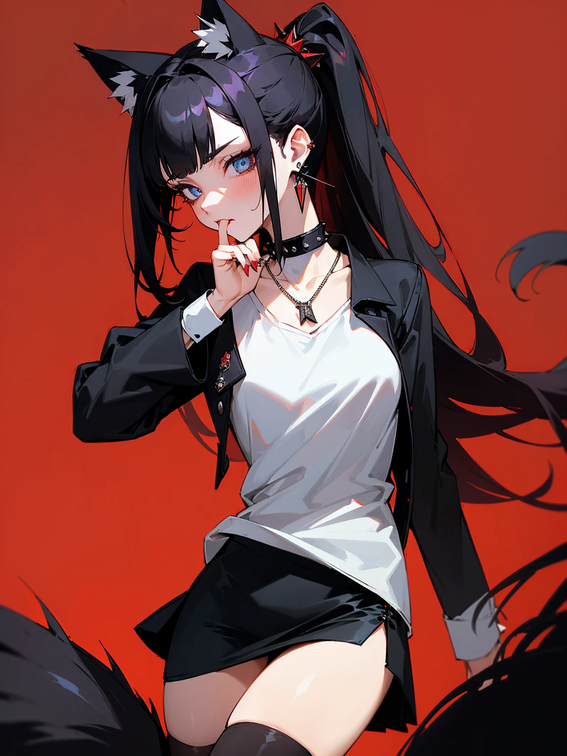 ((Long Straight Black hair)), Perfect face, Choker, Punk earrings, ((Tall)), ((High Quality)), Necklace, ((Mature)), Pretty Eyes, Sharp Nails, Bangs, ((1 Girl)), ((Multiple Earrings)), 1 girl, Spiky Earrings, Adult, Spiked Collar, Thin Eyelashes, Plain Background, Red Colors in Background, Cat Girl, Long Tail, Large Tail, Massive Tail, Black Tail, ((Black Goth Mini Skirt)), ((White Shirt)), Close Up, Very Short Mini Skirt, Tall, Long Legs, Sexy Thigh Highs, ((Very Disgusted)), Dynamic Pose,