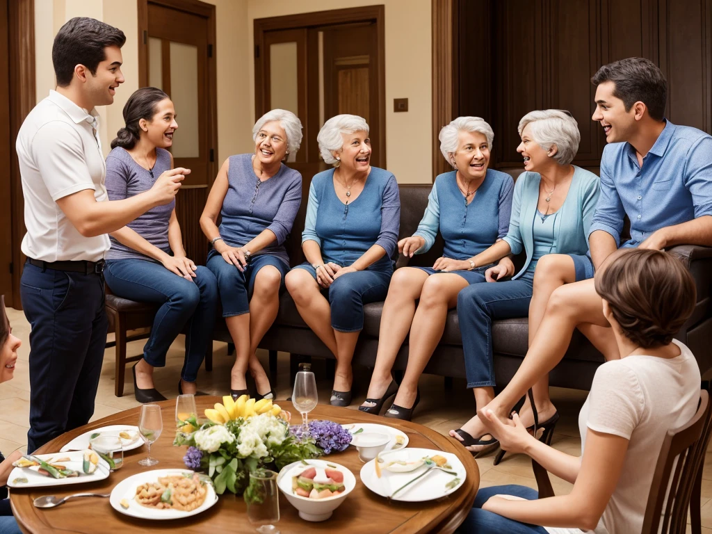 A group of adults chatting animatedly around Grandma Catarina&#39;s table, with expressions of gratitude and respect on their faces.