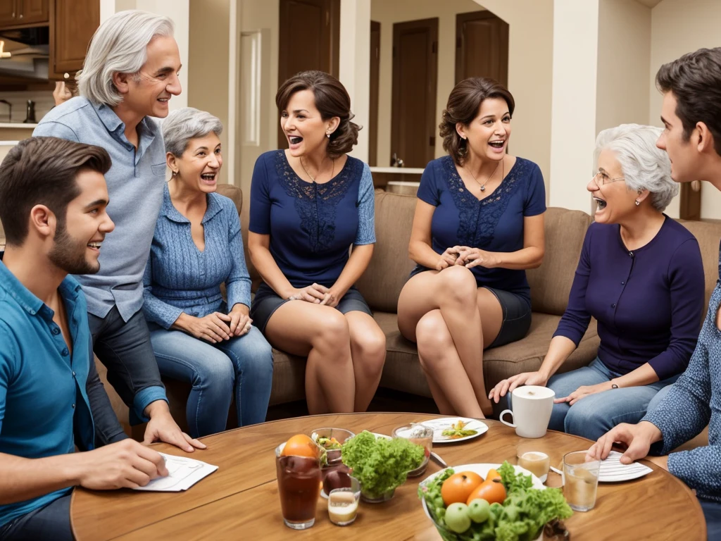 A group of adults chatting animatedly around Grandma Catarina&#39;s table, with expressions of gratitude and respect on their faces.