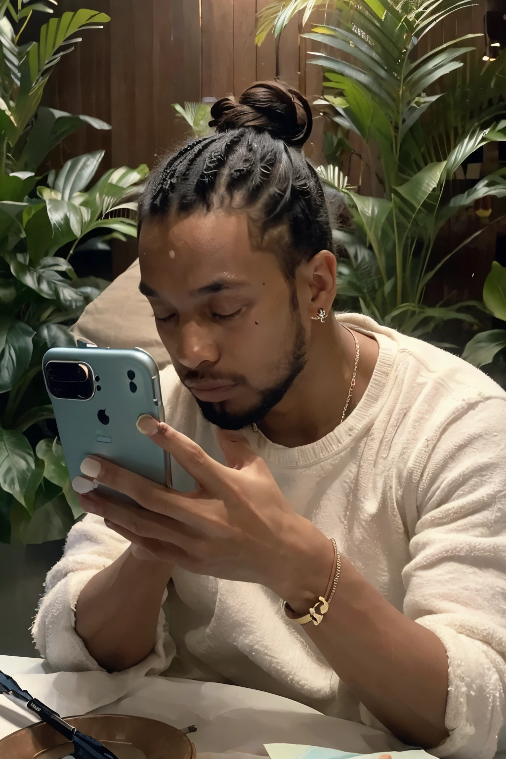 ((melhor qualidade, 8K, Obra de arte: 1.3)), Foco nítido a: 1.2), Textura altamente detalhada do rosto e da pele, olhos detalhados The man taking a deep breath and putting his phone aside. Relaxing environment with plants in the background, calm expression on his face.