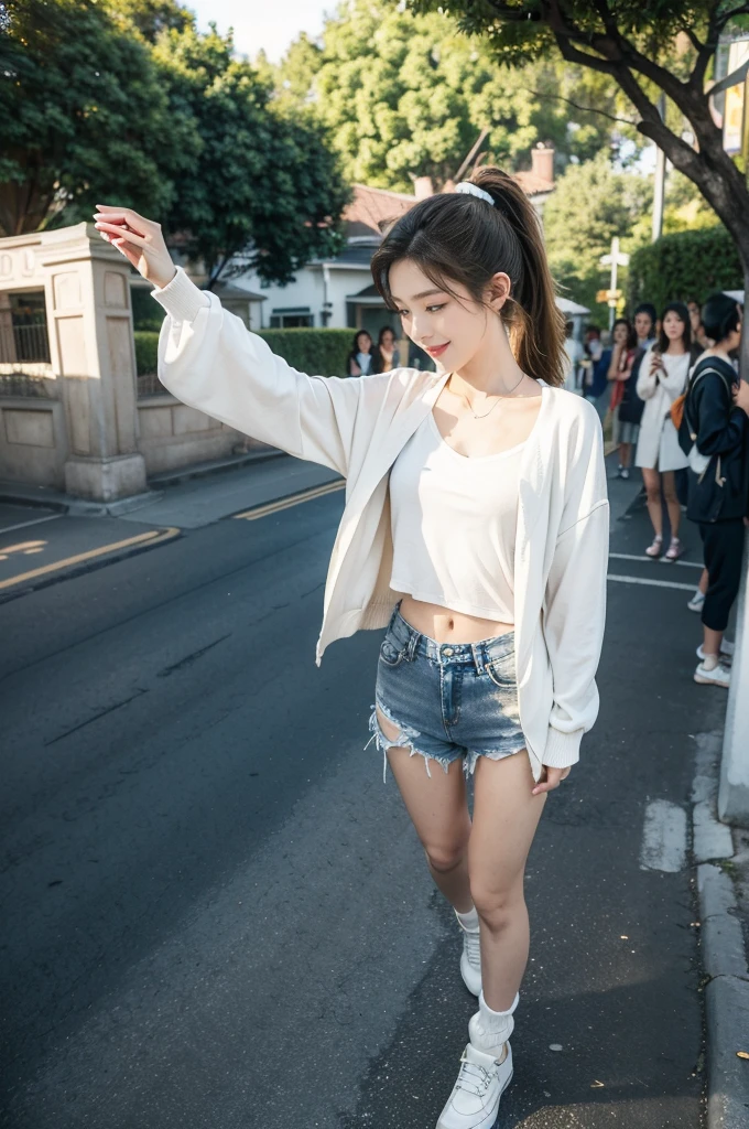 (((best quality))),(((ultra detailed))),(((masterpiece))),illustration,((1 beautiful girl,solo)),((slim,thin)),((small breasts,flat chest)), outside school gate, summer twilight, sunlight,(short ponytail:1.3),(claviclies,cleavage),((white long-sleeved shirt)),((denim shorts,slender legs)),(plain white socks, comfortable flip-flops), animated face, excited eyes, sounds of laughter, chatter, excitement of summer vacation, air filled with energy, school gate golden glow, symbol of end of academic year, schoolyard transformed, reunion, farewells, embracing setting sun, face illuminated, moment captured, fleeting instant, essence of summer, carefree spirit, youthful exuberance, embodiment of season, sun dips, rosy glow, joy of living,promise of adventures,((standing,from front,full body)),(surrounded by crowded crowds:1.3)