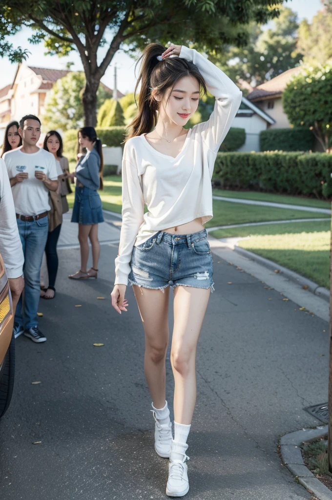 (((best quality))),(((ultra detailed))),(((masterpiece))),illustration,((1 beautiful girl,solo)),((slim,thin)),((small breasts,flat chest)), outside school gate, summer twilight, sunlight,(short ponytail:1.3),(claviclies,cleavage),((white long-sleeved shirt)),((denim shorts,slender legs)),(plain white socks, comfortable flip-flops), animated face, excited eyes, sounds of laughter, chatter, excitement of summer vacation, air filled with energy, school gate golden glow, symbol of end of academic year, schoolyard transformed, reunion, farewells, embracing setting sun, face illuminated, moment captured, fleeting instant, essence of summer, carefree spirit, youthful exuberance, embodiment of season, sun dips, rosy glow, joy of living,promise of adventures,((standing,from front,full body)),(surrounded by crowded crowds:1.3)
