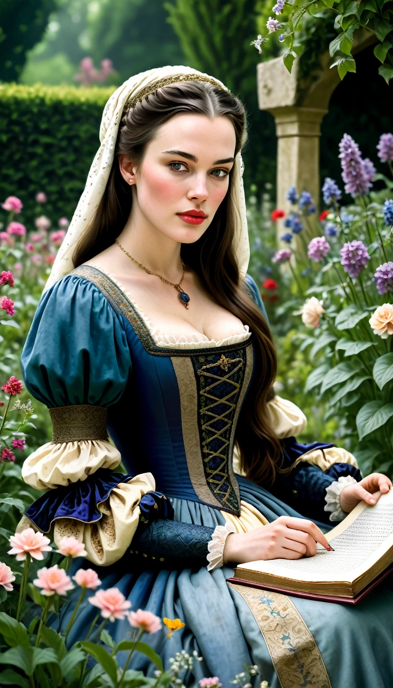 A portrait of a beautiful woman, resembling a mix of Liv Tyler and Keira Knightley, wearing a Medieval Era outfit. She is sitting in a flower garden, reading a scroll of manuscript. The image has a shallow depth of field, with the woman in sharp focus and the background softly blurred. The illustration style is inspired by Don Lawrence, with a focus on realistic and detailed representations of the woman's features and Medieval Era costume. The overall atmosphere is serene and peaceful, with the woman engrossed in reading.