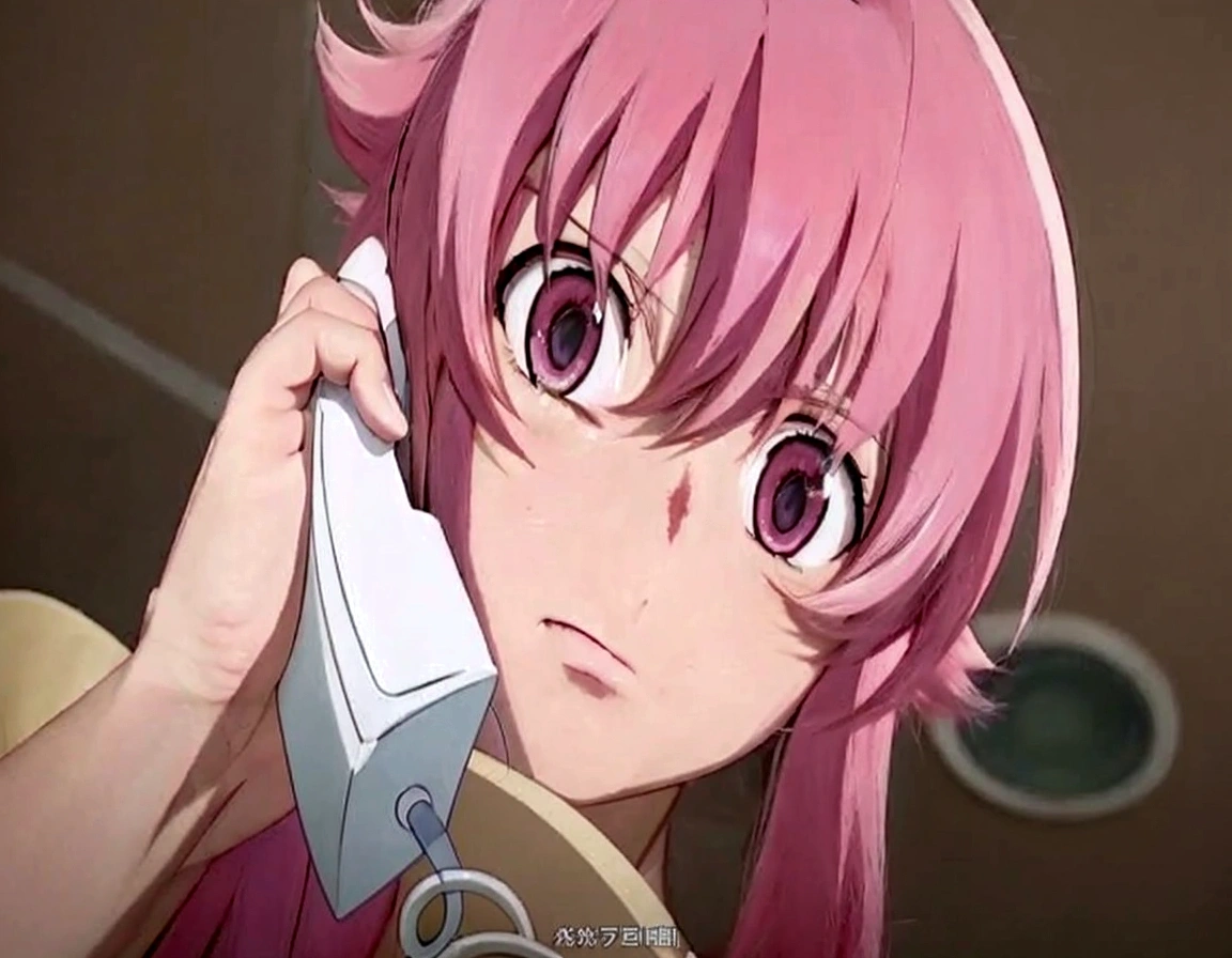 anime girl with pink hair talking on a cell phone, mirai nikki, still from tv anime, anime girl named gasai yuno, in the anime film, today's featured anime still, screenshot from a 2012s anime, still from anime, screenshot from the anime film, screenshot from guro anime, close up iwakura lain, anime movie screenshot