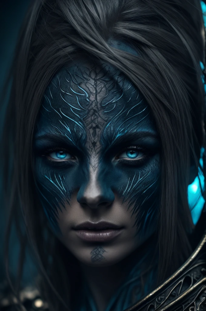Character Portrait, Ancient, dark crypt, Night, Dim, eerie light emanating from ghostly blue flames, Pale, gaunt figure with sunken eyes, wearing dark, ragged clothing adorned with bones, Decayed ruins and skeletons scattered on the ground, faint outlines of raised dead in the shadows, UHD, retina, masterpiece, accurate, anatomically correct, textured skin, super detail, high details, high quality, award winning, best quality, highres, 1080P, HD, 4K, 8k, 16k, Dunmer, Dark Elf, Grey Skin, Red Eyes, elf ears