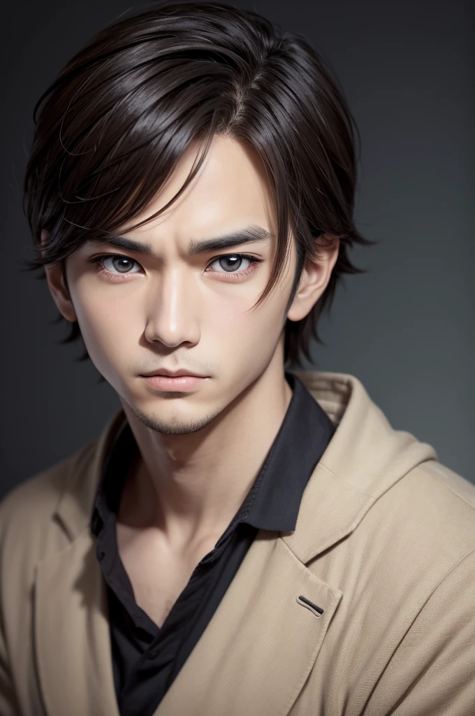 Anime-style man with a curious expression, looking intently at something. He has bright, wide eyes, a slightly open mouth, and a thoughtful pose. The background is simple and does not distract from his curious demeanor