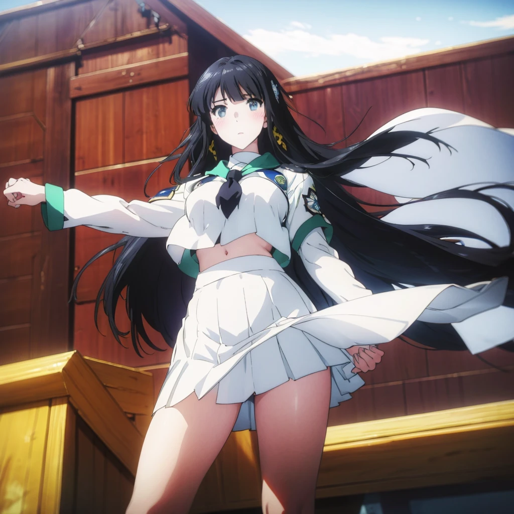 masterpiece, best quality, extremely detailed, anime, from below, cowboy shot, looking at viewer, 1girl, 18yo, school girl, solo, embarrassed, surprised, blush, spread arms, clenched fists, black hair, (white sailor uniform), big breasts, sensual pose, (blowing wind), floating skirt, (skirt rolled up and lifted by wind), (white intricated panties), (white detailed panties),