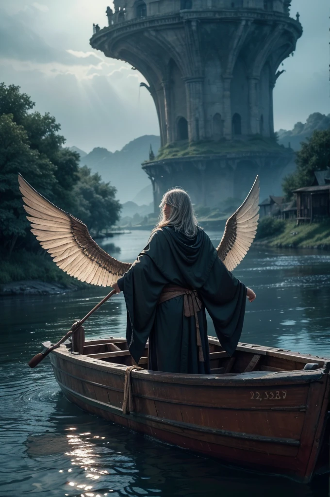 a detailed painting of Charon the ferryman with open wings and beautiful robes, aboard his boat filled with people, whom he will ferry to the other side of the river, observing two men on the riverbank, (best quality,4k,8k,highres,masterpiece:1.2),ultra-detailed,(realistic,photorealistic,photo-realistic:1.37),intricate details,dramatic lighting,cinematic composition,vibrant colors,river landscape,fantasy art
