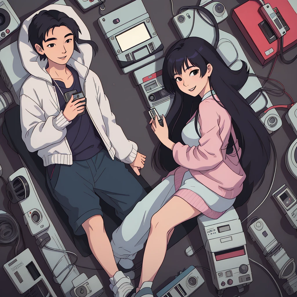 A very beautiful Japanese woman around 18 years old,He is looking at me with an old cassette tape,The woman looks very happy,