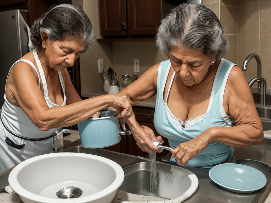 Grandma Catarina with slumped shoulders and deep circles under her eyes, washing dishes in a sink full of dishes.