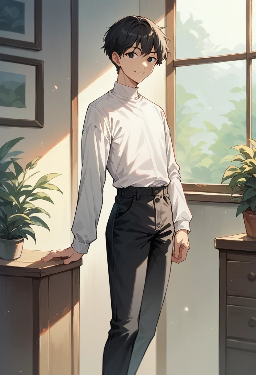score_9, score_8_up, score_7_up, score_6_up, solo, straight hair, short hair, black hair, black eyes, white shirt, long sleeves, black pants, indoors, standing, looking at viewer, smile