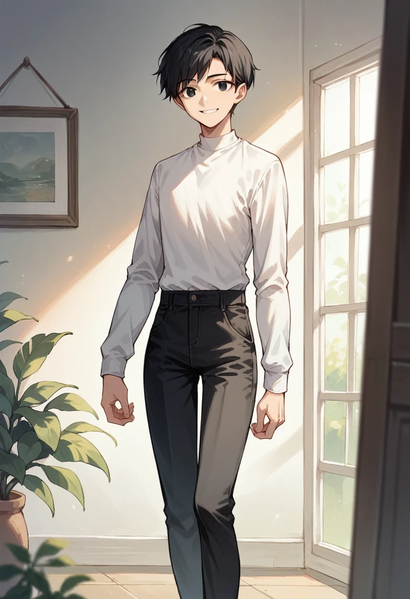 score_9, score_8_up, score_7_up, score_6_up, solo, straight hair, short hair, black hair, black eyes, white shirt, long sleeves, black pants, indoors, standing, looking at viewer, smile