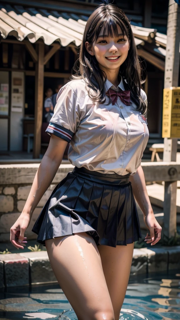 (8K), (Highest quality: 1.2), (Realistic), (Realistic: 1.37), Ultra-high resolution, 1 Girl, cute, smile, Mouth closed, Beautiful details, Beautiful Nose, whole body, Wet Hair, Giant Dalcefo, pork, school uniform, Thighs