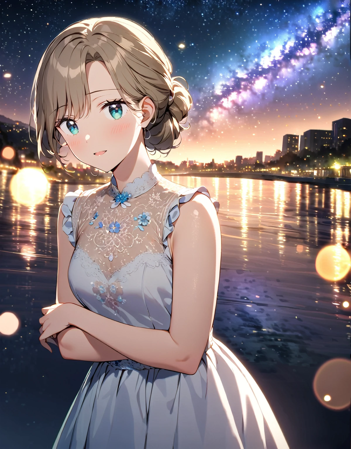 1 Girl. Old-fashioned smile. flowerびら.  __flower__. four seasons. Bokeh. close.
Nice body,  beautiful skin. oily skin. Very delicate and beautiful. Very detailed. Clear Eyes. 
光がShine. Mysterious atmosphere. Subsidy Light.
milky way. January . starry sky. Twilight Time . city. __Scenario Fantasy__.
__haircolor__ hair, __hairstyle__,  __Eye color__ Eye color. __skin-color__ skin.  lentife flare, Shine, embroidery, accessories, jewelry, reflection, refraction, __dress__, Night Sky, starry sky, star.
 