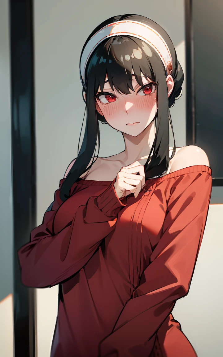 Absurd:1.8, Realistic, unity 8k wallpaper, masterpiece, Detailed Hair, Very detailed, Realistic glistening skin、(Black-haired、Long hair short hair、White hair band、Red eyes、Off the shoulder、Red sweater、Long sleeve)、(Embarrassing、blush:1.3)、