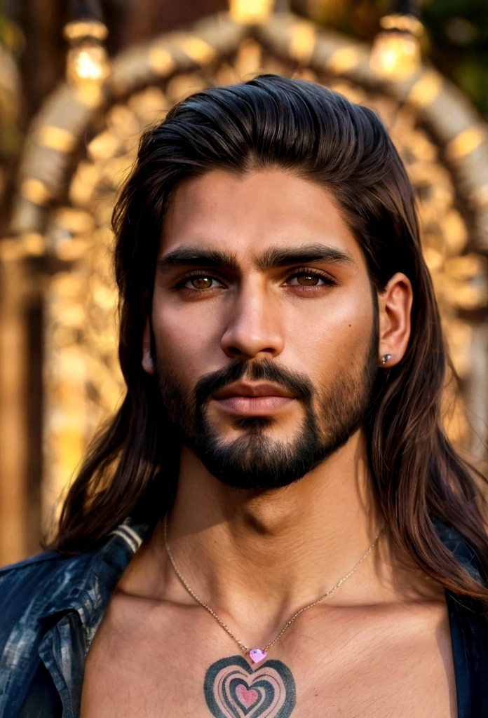 best quality,4k,8k,Altas,master part:1.2),ultra-detalhado,(Realistic,fotorrealista,photo-realistic:1.37),jesus cristo,estilo de arte tradicional,vivid and dynamic brushstrokes,Ancient playful setting ,Charismatic expression,postura humilde,historic portrait,Noble Features,estilo de pintura de tinta e lavagem,finely detailed facial features,dynamic compositing,Paradisiacal scenery,olhar confiante,,ambiente com Luz do sol dourada iluminando a cena,aura de angelical,atmosphric perspective,Explosive lighting, Jesus the man, racially ambiguous, loving, gay, eyeliner, rose quartz necklace, rainbow heart face tattoo, a man, male, brown skin
