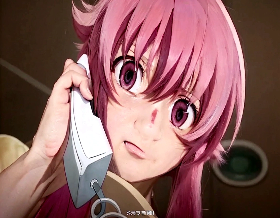 anime girl with pink hair talking on a cell phone, mirai nikki, still from tv anime, anime girl named gasai yuno, in the anime film, today's featured anime still, screenshot from a 2012s anime, still from anime, screenshot from the anime film, screenshot from guro anime, close up iwakura lain, anime movie screenshot