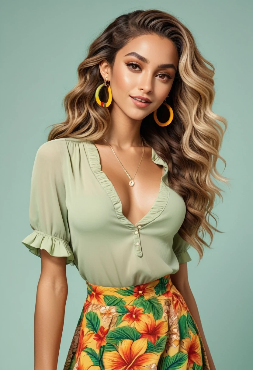 light colored girl, long wavy hair, extroverted look, wearing a low-cut blouse, long skirt, reggae style