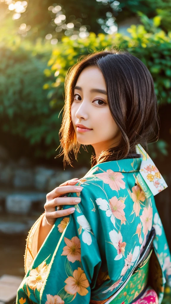1 female,girl,masterpiece, A lock of hair with slight highlights, black eyes, mixed media, Sexy,garden background,Gorgeous kimono , Liquid color flows across her face, sunset,Yui Aragaki