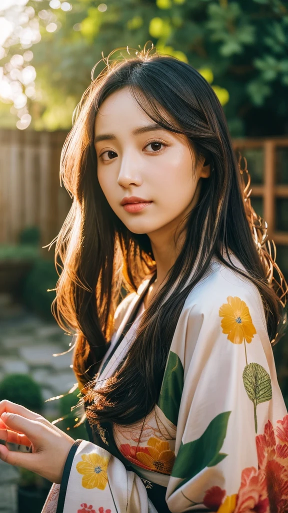 1 female,girl,masterpiece, A lock of hair with slight highlights, black eyes, mixed media, Sexy,garden background,Gorgeous kimono , Liquid color flows across her face, sunset,Yui Aragaki