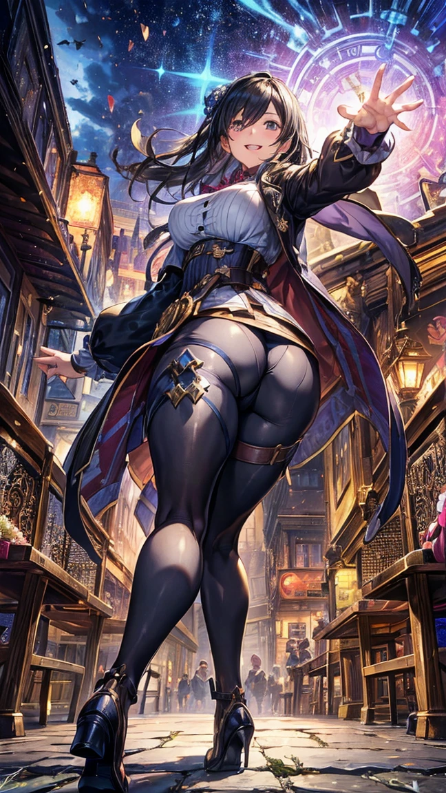 (1 Mature Alchemist,Full Body Tights,Age 35), ((Pub,guild)),(smile),Dynamic pose,Dynamic Angle,Pose for a photo,From below,Elderly woman、Trading Card Game Frames、Highest Rare、Five Fingers、Signature mark、Recovery Officer、Big Butt、Black Hair