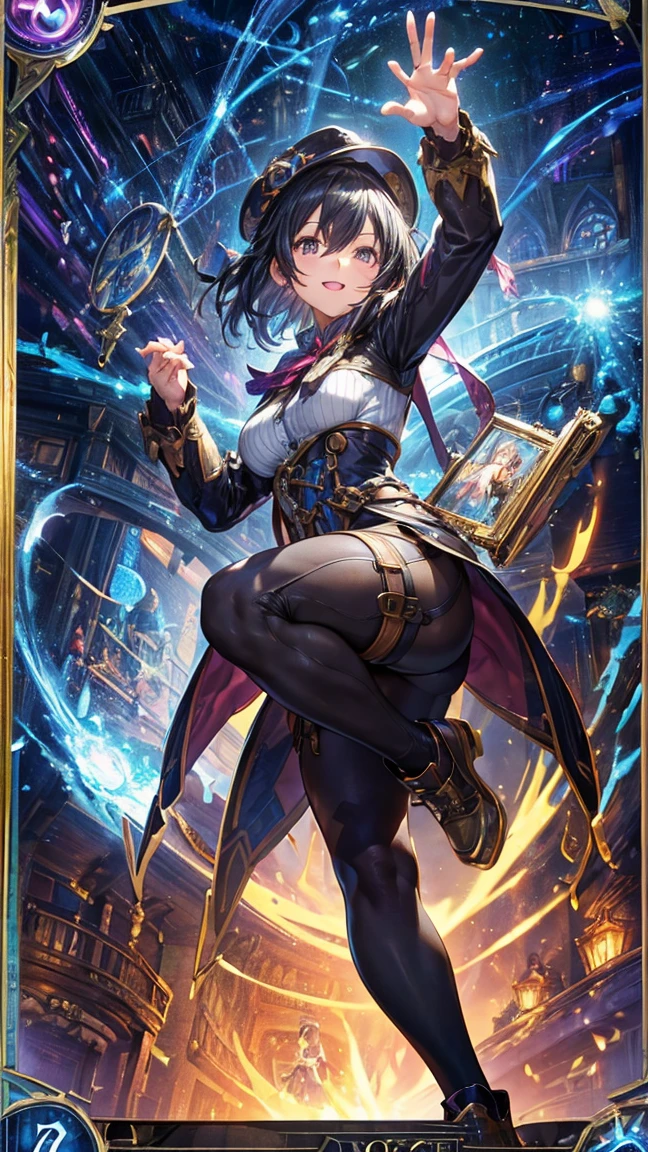 (1 Mature Alchemist,Full Body Tights,Age 35), ((Pub,guild)),(smile),Dynamic pose,Dynamic Angle,Pose for a photo,From below,Elderly woman、Trading Card Game Frames、Highest Rare、Five Fingers、Signature mark、Recovery Officer、Big Butt、Black Hair