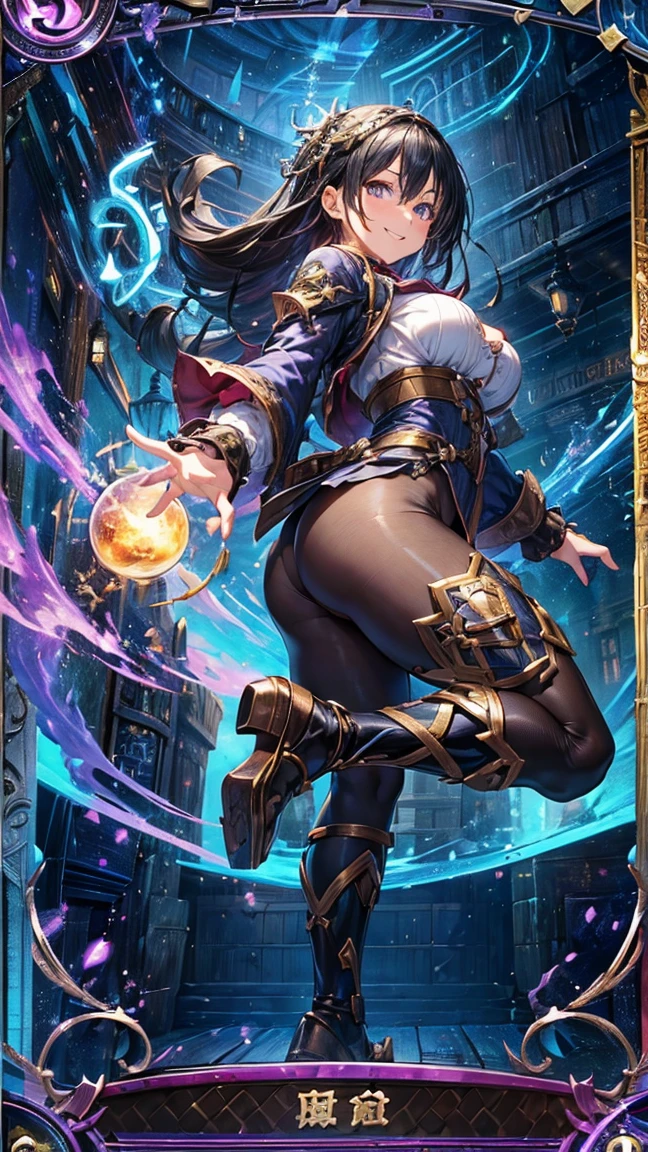 (1 Mature Alchemist,Full Body Tights,Age 35), ((Pub,guild)),(smile),Dynamic pose,Dynamic Angle,Pose for a photo,From below,Elderly woman、Trading Card Game Frames、Highest Rare、Five Fingers、Signature mark、Recovery Officer、Big Butt、Black Hair