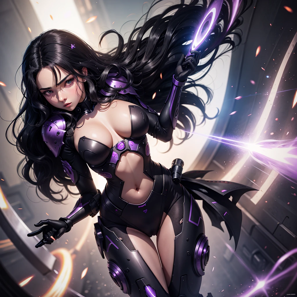 A woman with wavy black hair and purple eyes, black alien armor, parts, blush, shadow, Beautiful face