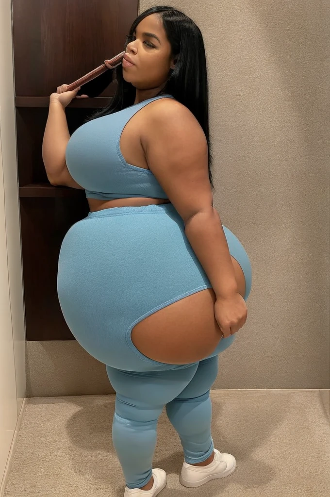 a plump black Philippine girl leans over a display case filled with donuts. ((she has black hair in a short hier)). She is wearing a pastel blue shirt and tight (dark gray sweat pants) with white drawstrings hanging down the front. (she has thick thighs), and (((she has a huge butt))). Her calves are normal sized. Her feet are normal sized. She's wearing white tennis shoes with no visible socks. Photo is taken from the side. Building is warm colors. She's licking her lips.