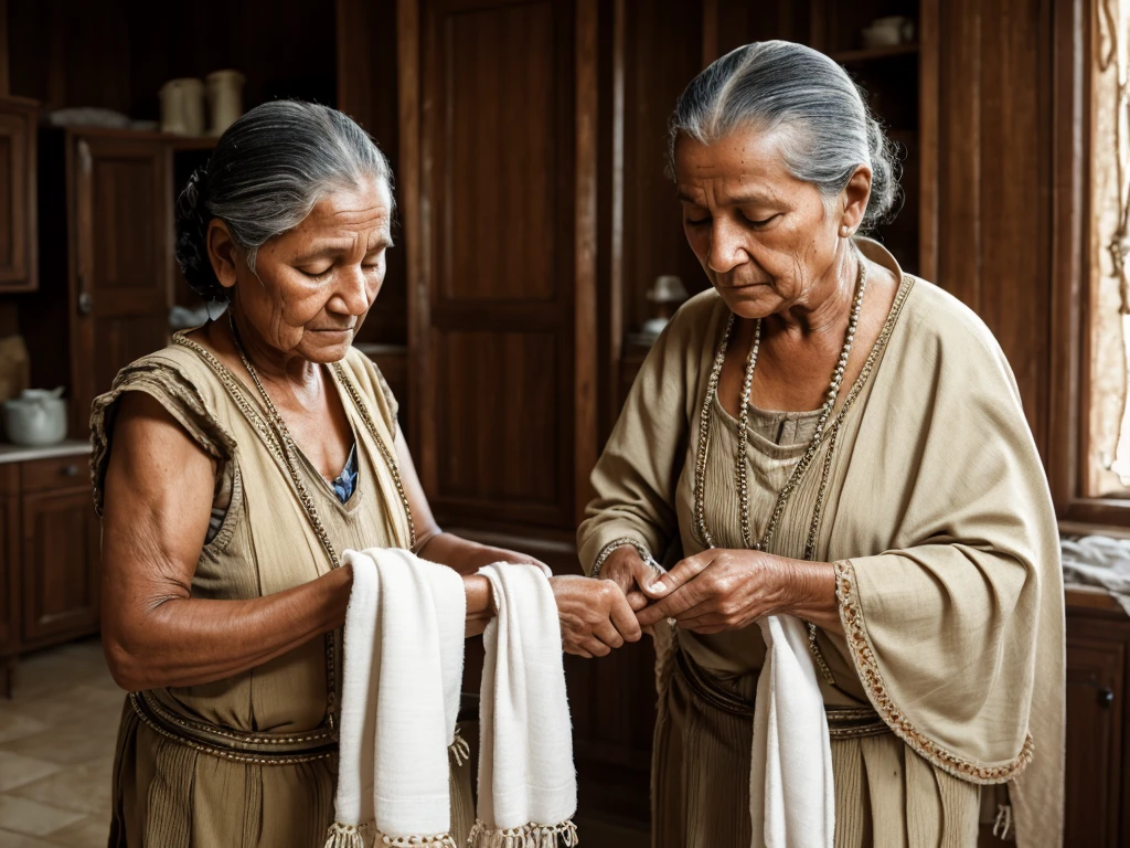 Grandma Catarina cleaning the house with a worn cloth, with beads of sweat running down your forehead.