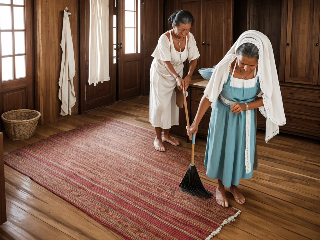 Grandma Catarina cleaning the house with a worn cloth, with beads of sweat running down your forehead.